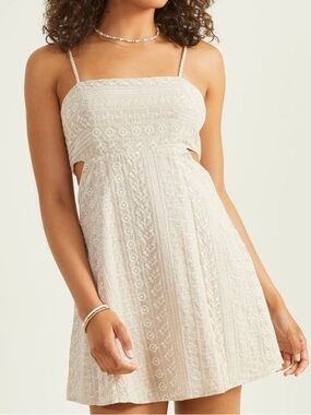 NWT. Medium Juniors, Altar'd State Taupe embroidered cutout Mini Dress